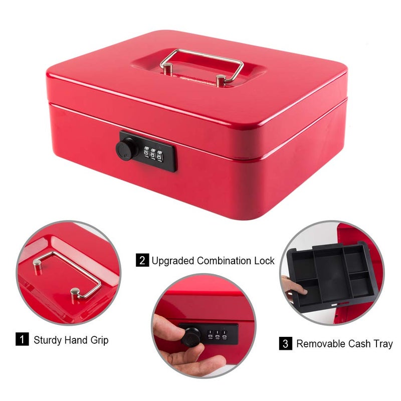 KYODOLED Large Cash Box with Combination Lock Safe Metal Money Box with Money Tray for Security Lock Box 9.84"x 7.87"x 3.54" Red Large - Image 2
